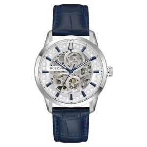 Reloj Bulova 96A330 Sutton vista frontal esfera esqueleto plateada correa azul