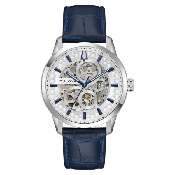 Reloj Bulova 96A330 Sutton vista frontal esfera esqueleto plateada correa azul
