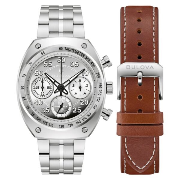 Bulova 96K118 plateado Reloj Bulova 96K118 Shelby Racer esfera plateada cronógrafo y correa de piel marrón