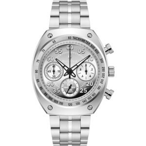 Reloj Bulova 96K118 Shelby Racer vista frontal esfera plateada cronógrafo y correa de piel marrón