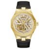 Reloj Bulova 97A206 Prestige vista frontal caja octogonal dorada esfera esqueleto plateada correa negra