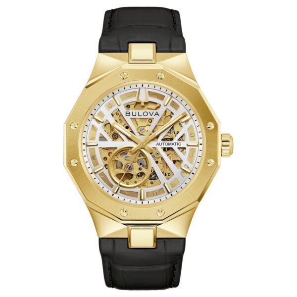 Reloj Bulova 97A206 Prestige vista frontal caja octogonal dorada esfera esqueleto plateada correa negra