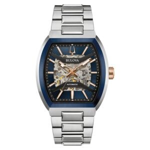 Reloj Bulova 98A319 Maquina vista frontal esfera azul calada caja tonneau