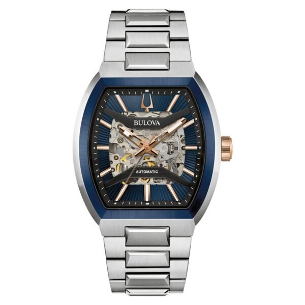 Reloj Bulova 98A319 Maquina vista frontal esfera azul calada caja tonneau