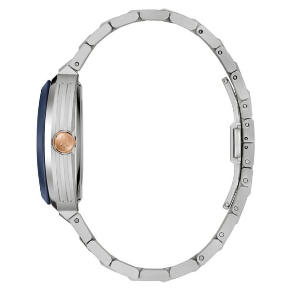 Reloj Bulova 98A319 Maquina vista de perfil con bisel azul y corona oro rosa