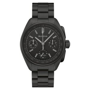 Reloj Bulova 98A335 Lunar Pilot Black Hole vista frontal esfera negra cronógrafo