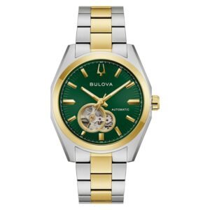Reloj Bulova 98A338 Surveyor vista frontal esfera verde corazón abierto bicolor