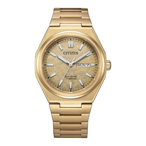 Citizen AW0132-55P frontal esfera dorada Reloj Citizen AW0132-55P Super Titanium vista frontal esfera dorada