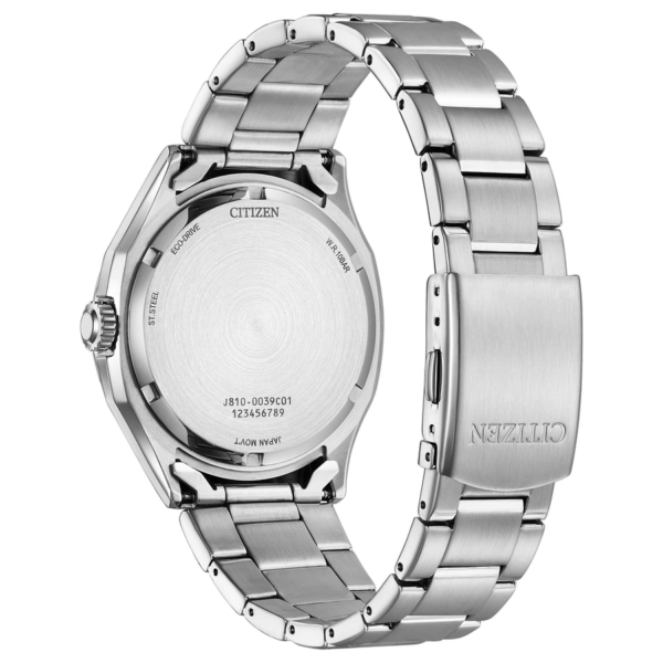 Reloj Citizen AW1830-88X Pilot Traveler vista trasera y pulsera de acero