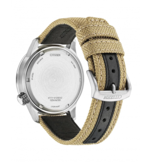 Citizen BM7550-10E vista trasera Reloj Citizen BM7550-10E OF Collection vista trasera esfera negra y correa de nailon beige