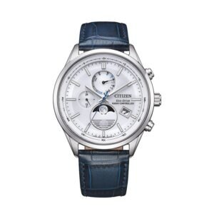 Reloj Citizen BY1030-09A Tsuki-yomi Moon Phase vista frontal esfera blanca correa azul