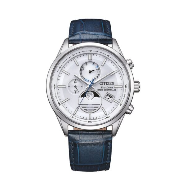 Reloj Citizen BY1030-09A Tsuki-yomi Moon Phase vista frontal esfera blanca correa azul