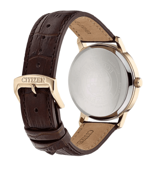 Reloj Citizen BM7463-12A Classic vista trasera esfera beige caja dorada correa de piel marrón