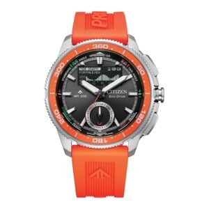 Reloj Citizen JV3000-13E Promaster vista frontal esfera negra correa naranja