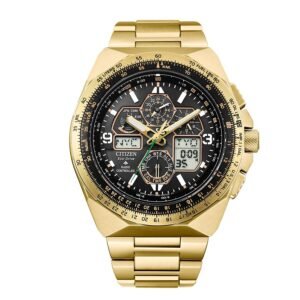Reloj Citizen JY8144-50E Promaster Skyhawk vista frontal esfera negra acero dorado