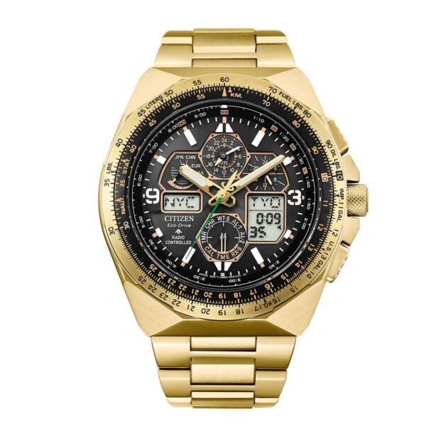 Citizen JY8144-50E frontal esfera negra Reloj Citizen JY8144-50E Promaster Skyhawk vista frontal esfera negra acero dorado