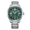 Reloj Citizen AW1830-88X Pilot Traveler vista frontal esfera verde y pulsera de acero