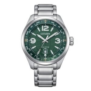 Reloj Citizen AW1830-88X Pilot Traveler vista frontal esfera verde y pulsera de acero