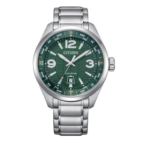 Reloj Citizen AW1830-88X Pilot Traveler vista frontal esfera verde y pulsera de acero