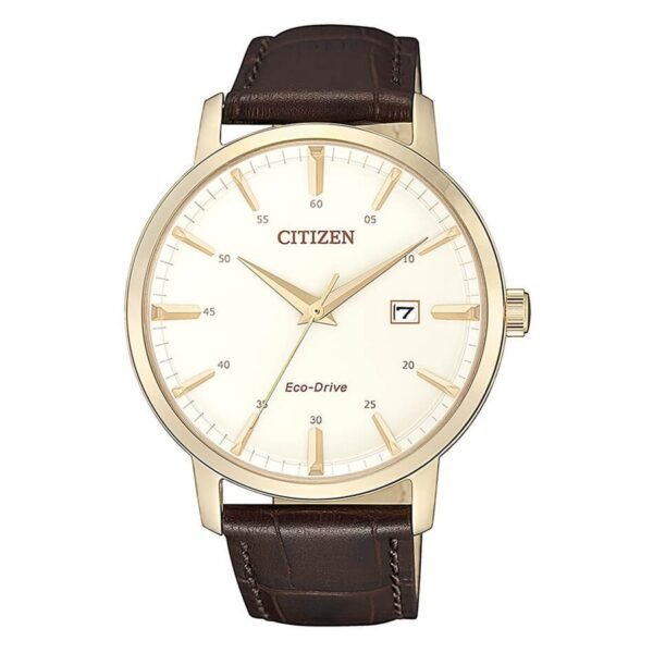 Reloj Citizen BM7463-12A Classic vista frontal esfera beige caja dorada correa de piel marrón