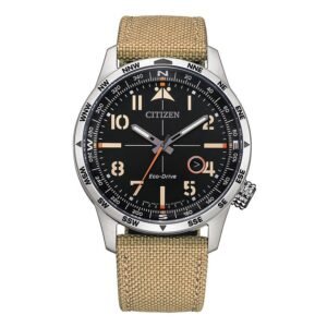 Reloj Citizen BM7550-10E OF Collection vista frontal esfera negra y correa de nailon beige