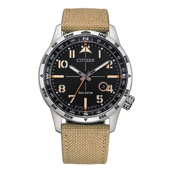 Citizen BM7550-10E esfera negra Reloj Citizen BM7550-10E OF Collection vista frontal esfera negra y correa de nailon beige