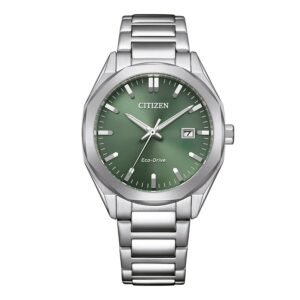 Reloj Citizen BM7620-83Y OF Collection vista frontal esfera verde y pulsera de acero