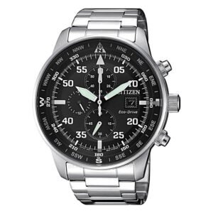 Reloj Citizen CA0690-88E Aviator Crono vista frontal esfera negra y pulsera de acero