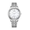Reloj Citizen EM0411-71A Lady vista frontal esfera blanca caja y pulsera de acero