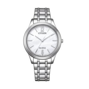 Reloj Citizen EM0411-71A Lady vista frontal esfera blanca caja y pulsera de acero