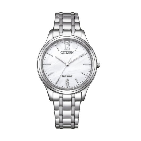 Reloj Citizen EM0411-71A Lady vista frontal esfera blanca caja y pulsera de acero