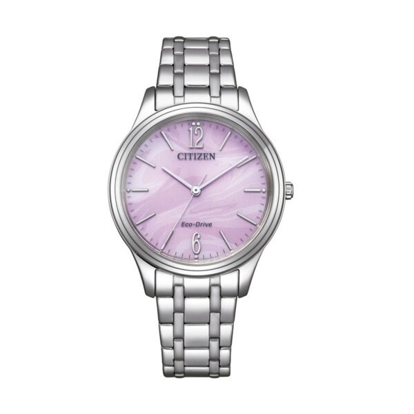 Reloj Citizen EM0411-71X Lady vista frontal esfera rosa caja y pulsera de acero