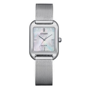 Citizen EM0491-81D esfera nácar blanco Reloj Citizen EM0491-81D Lady vista frontal esfera de nácar blanco caja rectangular de acero