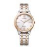 Reloj Citizen EM0506-77A Lady vista frontal esfera blanca caja bicolor oro rosa