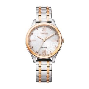 Reloj Citizen EM0506-77A Lady vista frontal esfera blanca caja bicolor oro rosa