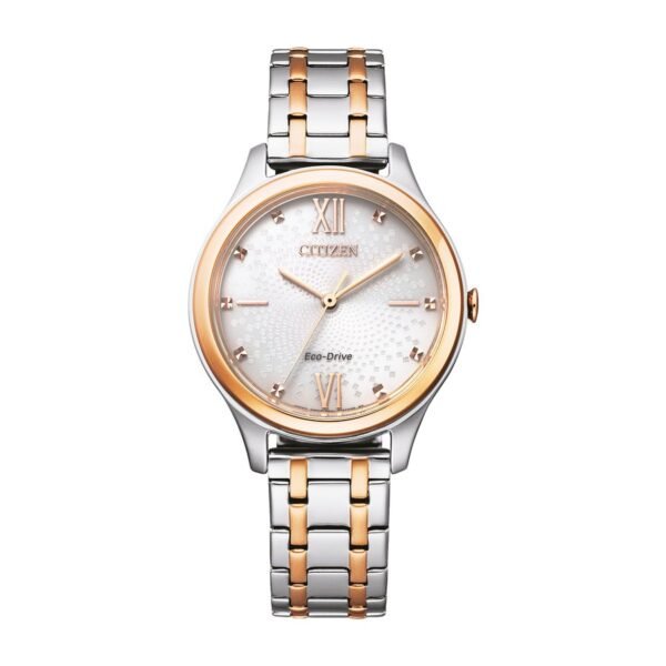 Reloj Citizen EM0506-77A Lady vista frontal esfera blanca caja bicolor oro rosa