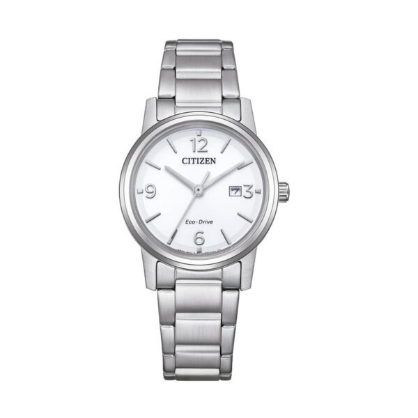 Reloj Citizen EW2720-57A Lady vista frontal esfera blanca y pulsera de acero