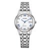 Reloj Citizen FE1240-81A Lady vista frontal esfera blanca con romanos azules y pulsera de acero