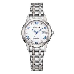Citizen FE1240-81A esfera blanca Reloj Citizen FE1240-81A Lady vista frontal esfera blanca con romanos azules y pulsera de acero