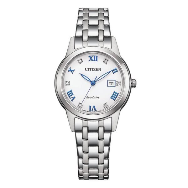 Reloj Citizen FE1240-81A Lady vista frontal esfera blanca con romanos azules y pulsera de acero