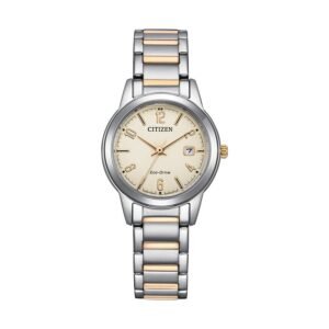 Reloj Citizen FE1244-72A Lady vista frontal esfera beige y pulsera de acero bicolor
