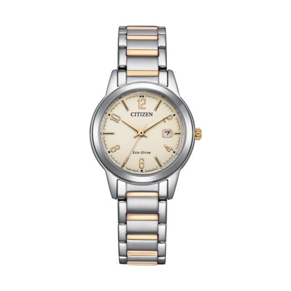Reloj Citizen FE1244-72A Lady vista frontal esfera beige y pulsera de acero bicolor