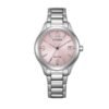 Reloj Citizen FE6121-67X Lady vista frontal esfera rosa caja y pulsera de acero