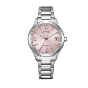 Reloj Citizen FE6121-67X Lady vista frontal esfera rosa caja y pulsera de acero