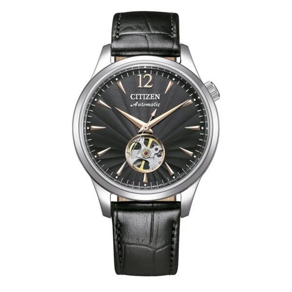 Citizen NH9131-14E esfera negra Reloj Citizen NH9131-14E vista frontal esfera negra open heart correa de piel negra
