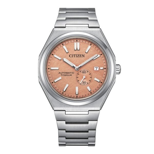 Reloj Citizen NJ0180-80Z Super Titanium vista frontal esfera salmón y pulsera de titanio