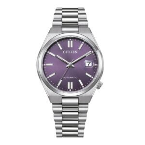 Reloj Citizen NJ0200-50W Tsuyosa vista frontal esfera violeta y pulsera de acero
